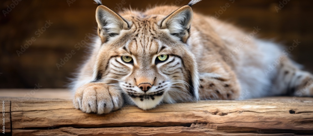 Obraz premium A solitary adult lynx reclining calmly on a wooden surface within a zoo