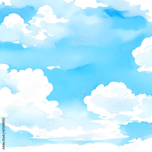 Watercolor gradient pastel background blue clouds wallpaper. Light pastel blue sky with white clouds. Watercolor illustration of sky with cloud. Artistic natural painting abstract background.