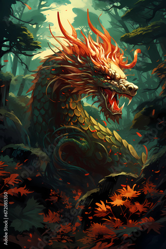 artistic and beautiful illustration of a wood dragon for chinese new year 2024, fantasy drake, wooden dragon symbol