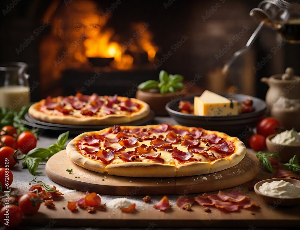Add a touch of delicious to your art collection with this charming  Cheese & Bacon Pizza masterpiece. 