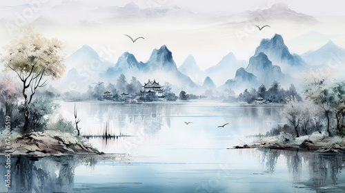 Asian beatiful landscape. Watercolor art style wallpaper background photo