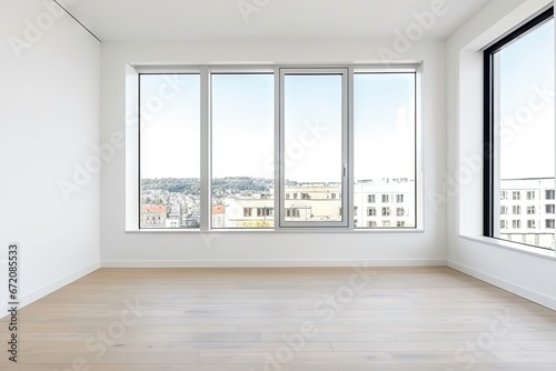 Empty modern room with white walls and large windows Minimalist interior design in a luxury apartment The space is clean and contemporary by Generative AI © chartchai