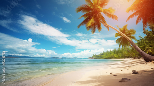 Summer beach of the sea. Palms and sunshine