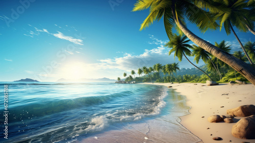 Summer beach of the sea. Palms and sunshine