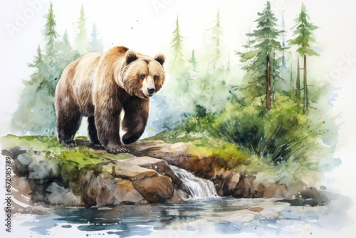 Bear walks through the forest. Watercolor drawing