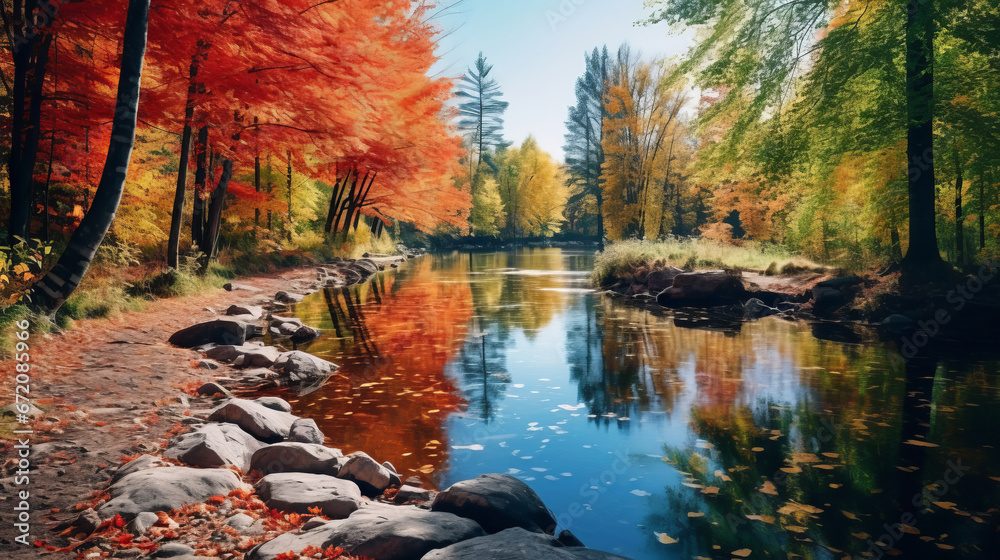 Obraz premium Beautiful autumn forest with colored trees, river