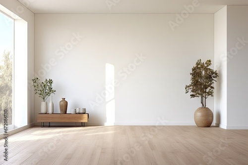 Empty modern room with white walls and large windows Minimalist interior design in a luxury apartment The space is clean and contemporary by Generative AI photo