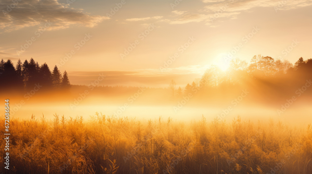 Beautiful golden meadow in the fog at sunrise