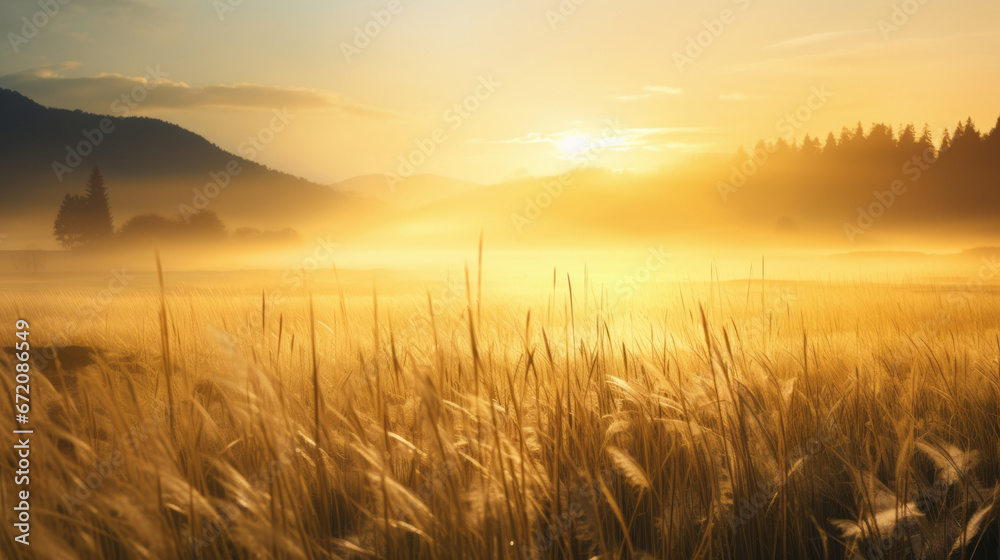 Beautiful golden meadow in the fog at sunrise Beautiful golden meadow in the fog at sunrise