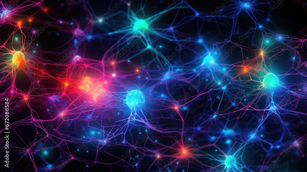 Fototapeta premium A backdrop featuring a neural network design, illuminated with vibrant neon colors. This creates a visually striking and futuristic aesthetic.
