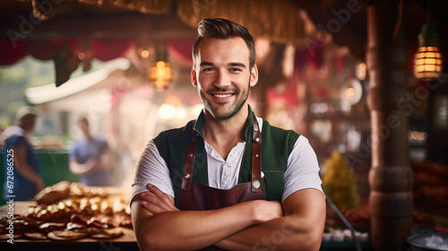 Beautiful German man in traditional clothes is standing with arms crossed. At Oktoberfest photo