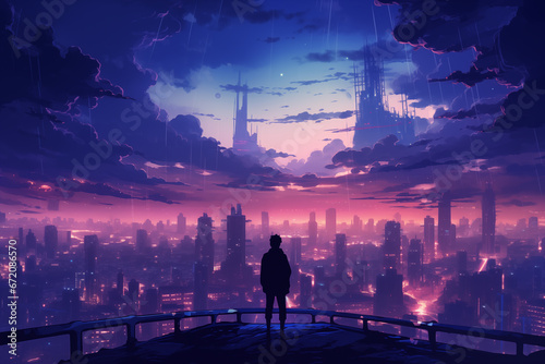 Journey Through an Upside-Down Dreamscape: A Silhouetted Figure Contemplates a Lofi Anime Fantasy World with Surreal, Lofi-Colored Cityscapes
