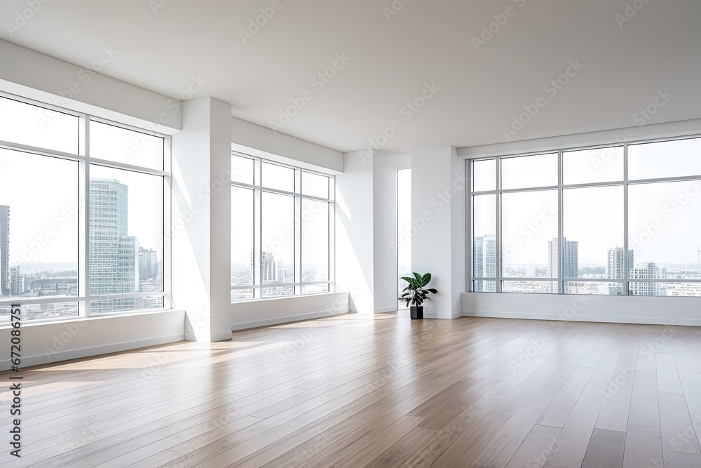 Fototapeta premium Empty modern room with white walls and large windows Minimalist interior design in a luxury apartment The space is clean and contemporary by Generative AI