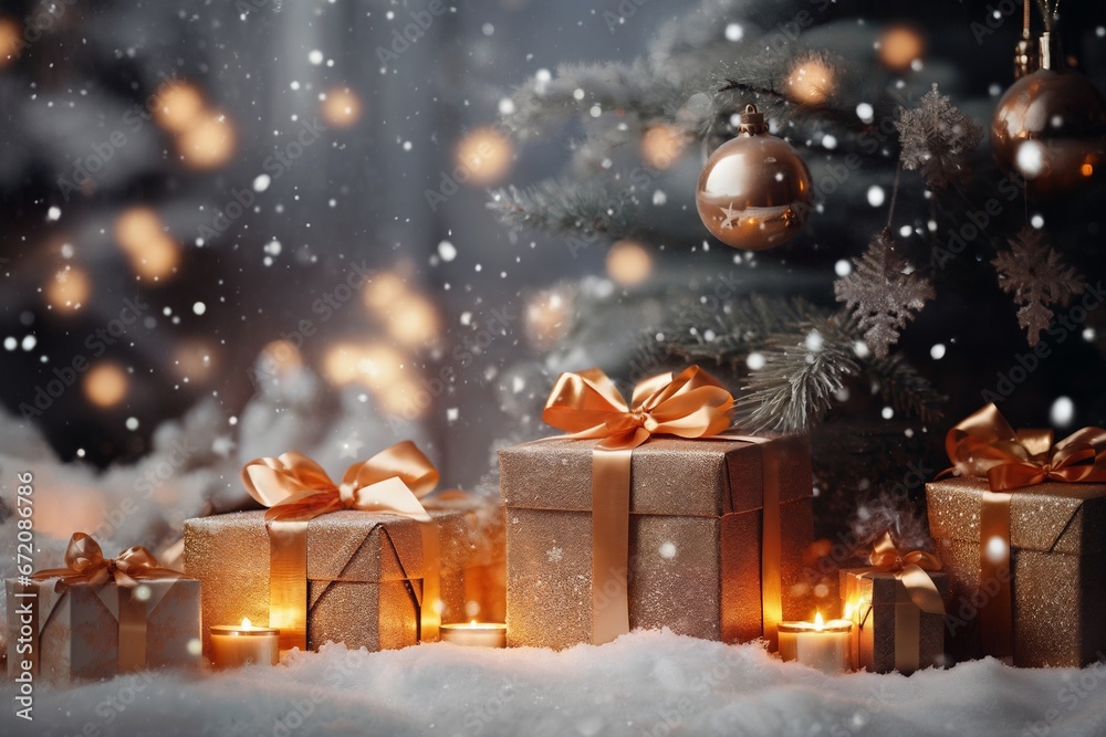 a gift boxes in winter forest, fir tree branches covered by snow, decorated for Christmas or New Year's holiday, lights, a fairy-tale environment a gift boxes in winter forest, fir tree branches covered by snow, decorated for Christmas or New Year's holiday, lights, a fairy-tale environment