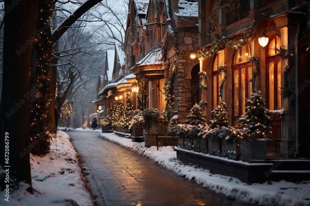 city street in winter, exteriors of houses decorated for Christmas or New Year's holiday, snow, street lights, festive environment city street in winter, exteriors of houses decorated for Christmas or New Year's holiday, snow, street lights, festive environment