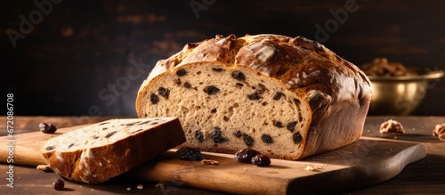 Bread made with whole grains walnuts and raisins