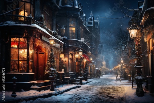 city street in winter, exteriors of houses decorated for Christmas or New Year's holiday, wet, street lights, festive environment