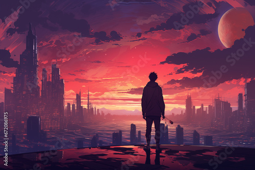 Journey Through an Upside-Down Dreamscape: A Silhouetted Figure Contemplates a Lofi Anime Fantasy World with Surreal, Lofi-Colored Cityscapes 