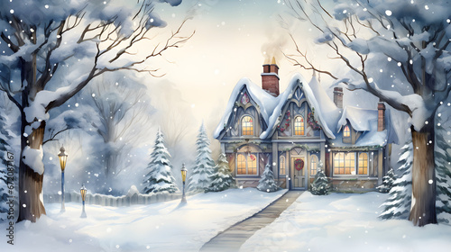 watercolour illustration of house in the winter wood © Kateryna Kordubailo