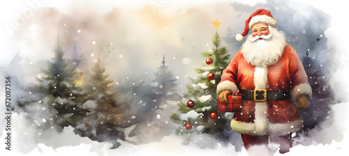 Watercolour illustration of Santa Claus on the Christmas tree background