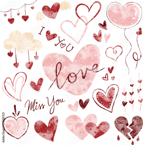 Watercolor illustration set of love and heart doodle