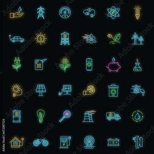 Ecology day icon set. Outline set of ecology day vector icons neon color on black