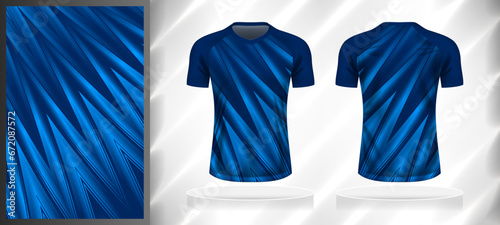 Vector sport pattern design template for V-neck T-shirt front and back with short sleeve view mockup. Dark and light shades of blue color gradient abstract zigzag line texture background illustration.