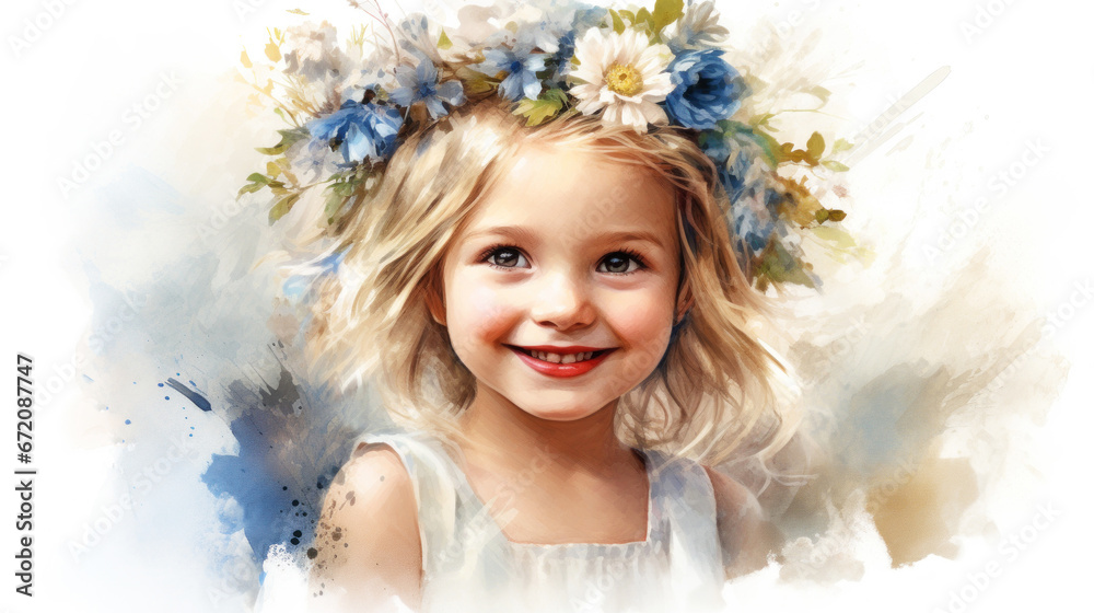 Cute little girl with blond hair outside.  Beautiful portrait of child impressionism style