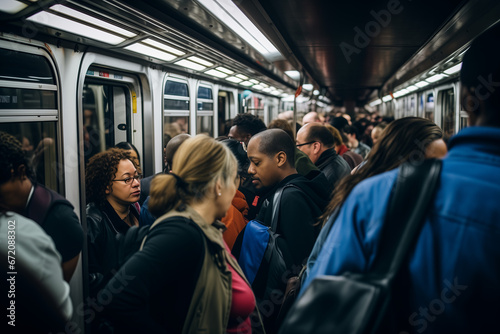 Train Commute: A crowded subway train during rush hour, the shared space and diversity of passengers