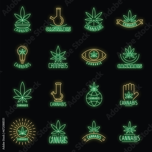 Cannabis logo set. Outline set of cannabis vector logo neon color on black