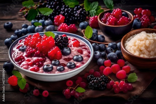 berries in a bowl on wooden table 