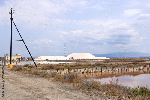 View of the cannels and work in salt pans near Cagliari, Italy