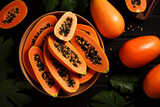 Generative AI Image of Papayas Fruit Slices in Basket on Dark Background
