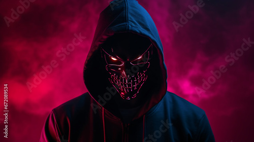 Man in angry and scary lighting neon glow mask.