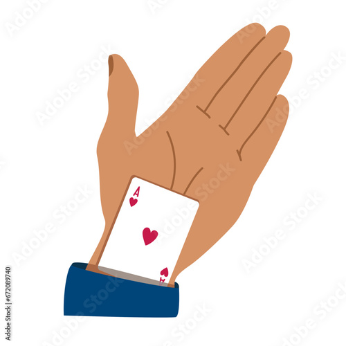 Businessman hides aces playing cards in his sleeve. Ace in the pocket. Concept of backup or plan B, second chance. Male hand, cheating. flat cartoon style. vector design