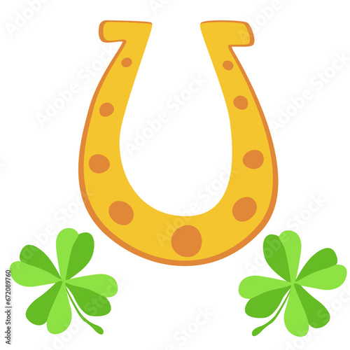 Golden horseshoe for good luck and clover. flat cartoon style. vector design