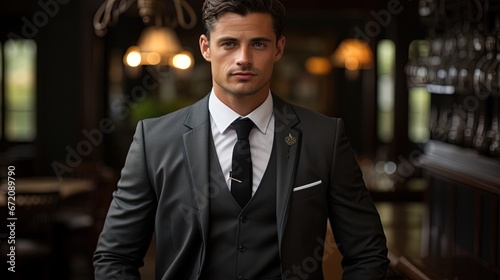 picture of a groom in a charcoal gray pent coat, paired with a light gray waistcoat and black dress pants. © Crafted