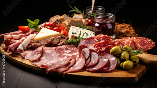 Meat appetizer platter with sausage, prosciutto, ham.