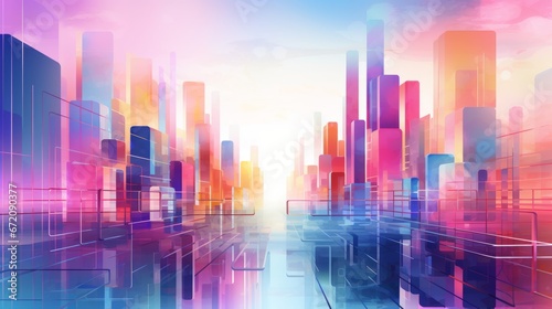 a colorful city with many tall buildings