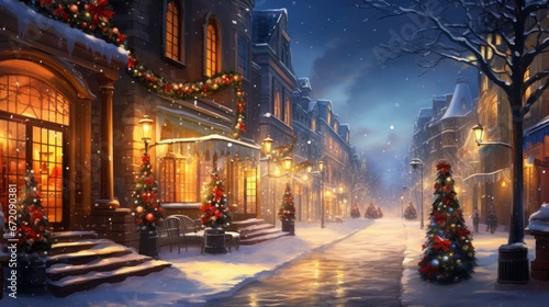 Illuminated old town streets with snow, Christmas trees and festive lights. Traditional holiday season atmosphere.