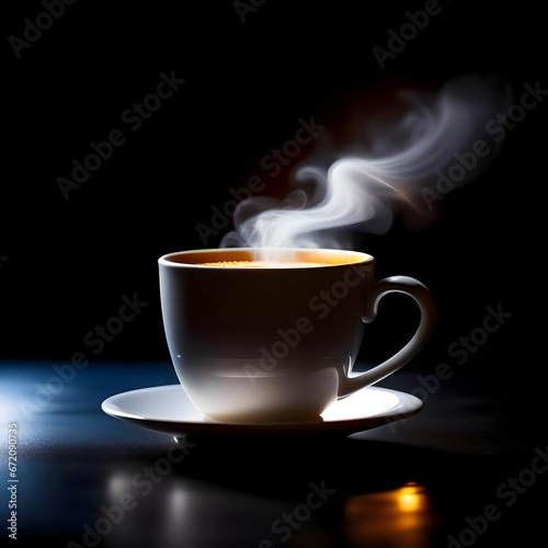 Cup with hot coffee on saucer, dark background. AI generated content