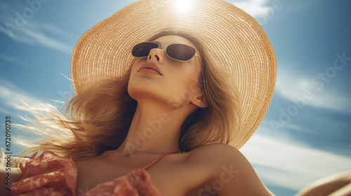 Beach Woman in Sun Hat on Vacation