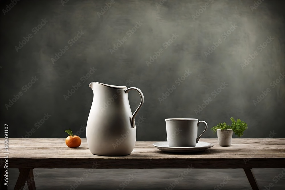 Jug and cup on table  - obrazy, fototapety, plakaty 
