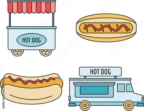 Hot dog shop cart icon set. Outline set of hot dog shop cart vector icons thin line color flat on white
