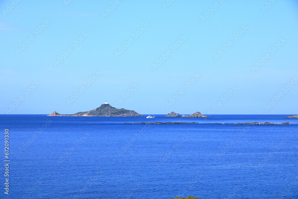 view over Illes Sanguinaires, genoese tower and Pointe de la Parata near Ajaccio, Corsica, France