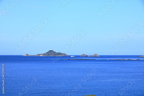 view over Illes Sanguinaires, genoese tower and Pointe de la Parata near Ajaccio, Corsica, France photo