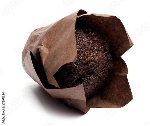 Chocolate muffin isolated on white background . Muffin with chocolate chips.