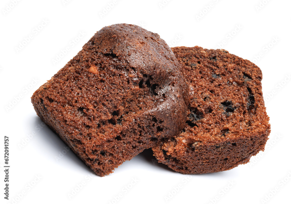 Chocolate muffin cut in half isolated on a white background. Chocolate chip muffin. Chocolate muffin cut in half isolated on a white background. Chocolate chip muffin.