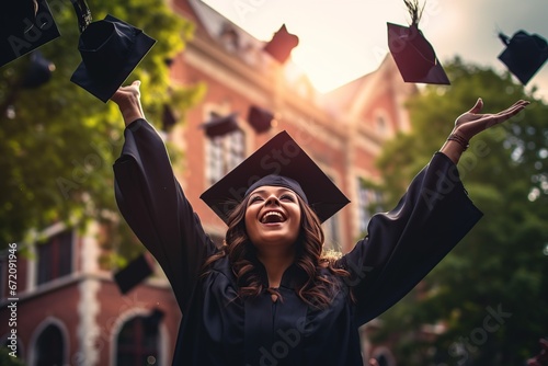 Person in a graduation cap and gown throwing their mortarboard in the air, Graduation celebration photo