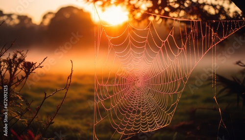 Photo of a Tranquil Spider Web Silhouetted Against a Setting Sun